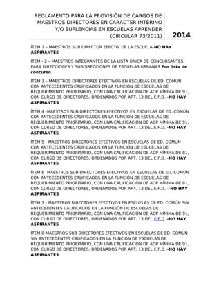 REGLAMENTO PARA LA PROVISIÓN DE CARGOS DE
MAESTROS DIRECTORES EN CARÁCTER INTERINO
Y/O SUPLENCIAS EN ESCUELAS APRENDER
(CIRCULAR 73/2011)

2014

ÍTEM 1 – MAESTROS SUB DIRECTOR EFECTIV DE LA ESCUELA-NO HAY
ASPIRANTES
ÍTEM - 2 – MAESTROS INTEGRANTES DE LA LISTA ÚNICA DE CONCURSANTES
PARA DIRECCIONES Y SUBDIRECCIONES DE ESCUELAS URBANAS Por lista de
concurso
ÍTEM 3 – MAESTROS DIRECTORES EFECTIVOS EN ESCUELAS DE ED. COMÚN
CON ANTECEDENTES CALIFICADOS EN LA FUNCIÓN DE ESCUELAS DE
REQUERIMIENTO PRIORITARIO, CON UNA CALIFICACIÓN DE ADP MÍNIMA DE 91,
CON CURSO DE DIRECTORES, ORDENADOS POR ART. 13 DEL E.F.D..-NO HAY
ASPIRANTES
ÍTEM 4 -MAESTROS SUB DIRECTORES EFECTIVOS EN ESCUELAS DE ED. COMÚN
CON ANTECEDENTES CALIFICADOS EN LA FUNCIÓN DE ESCUELAS DE
REQUERIMIENTO PRIORITARIO, CON UNA CALIFICACIÓN DE ADP MÍNIMA DE 91,
CON CURSO DE DIRECTORES, ORDENADOS POR ART. 13 DEL E.F.D..-NO HAY
ASPIRANTES
ÍTEM 5 - MAESTROS DIRECTORES EFECTIVOS EN ESCUELAS DE ED. COMÚN
CON ANTECEDENTES CALIFICADOS EN LA FUNCIÓN DE ESCUELAS DE
REQUERIMIENTO PRIORITARIO, CON UNA CALIFICACIÓN DE ADP MÍNIMA DE 81,
CON CURSO DE DIRECTORES, ORDENADOS POR ART. 13 DEL E.F.D..-NO HAY
ASPIRANTES
ÍTEM 6 MAESTROS SUB DIRECTORES EFECTIVOS EN ESCUELAS DE ED. COMÚN
CON ANTECEDENTES CALIFICADOS EN LA FUNCIÓN DE ESCUELAS DE
REQUERIMIENTO PRIORITARIO, CON UNA CALIFICACIÓN DE ADP MÍNIMA DE 81,
CON CURSO DE DIRECTORES, ORDENADOS POR ART. 13 DEL E.F.D..--NO HAY
ASPIRANTES
ÍTEM 7 - MAESTROS DIRECTORES EFECTIVOS EN ESCUELAS DE ED. COMÚN SIN
ANTECEDENTES CALIFICADOS EN LA FUNCIÓN DE ESCUELAS DE
REQUERIMIENTO PRIORITARIO, CON UNA CALIFICACIÓN DE ADP MÍNIMA DE 91,
CON CURSO DE DIRECTORES, ORDENADOS POR ART. 13 DEL E.F.D..-NO HAY
ASPIRANTES
ÍTEM 8-MAESTROS SUB DIRECTORES EFECTIVOS EN ESCUELAS DE ED. COMÚN
SIN ANTECEDENTES CALIFICADOS EN LA FUNCIÓN DE ESCUELAS DE
REQUERIMIENTO PRIORITARIO, CON UNA CALIFICACIÓN DE ADP MÍNIMA DE 91,
CON CURSO DE DIRECTORES, ORDENADOS POR ART. 13 DEL E.F.D..-NO HAY
ASPIRANTES

1

 