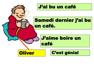 J’ai bu un café
            I drank a coffee


         Samedi dernier j’ai bu
             Last Saturday I
         un café. a coffee
             drank


           J’aime boire un
           I like drinking a
           café
           coffee

Oliver         C’est great
                It is génial
 