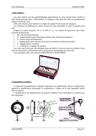 Cours Métrologie                                                               Abdallah NASRI


- Cales étalons :

   Les cales étalons sont des parallélépipèdes généralement en acier spécial traité, rectifié et
rodé mécaniquement après vieillissement. La longueur entre deux des faces est parfaitement
connue à moins de 1µm.
   Elles sont utilisées pour étalonner ou régler des appareils de mesure de longueur.
   Les tolérances de fabrication varient suivant les cotes nominales et selon la qualité de la
cale.
   D’après la norme française NF E 11-010, il y a six classes de précisions (par ordre
croissant de précision) :
   •    00 : cale de haute précision
   •    K : étalon primaire pour étalonnage d'autres cales étalon (en entreprise)
   •    0 : travaux précis de laboratoire
   •    1 : réglage précis pour travaux de mesure sur marbre ou étalon de transfert
   •    2 : réglages précis en atelier
   •    3 : vérification et réglage de machine
   Les cales sont livrées par jeux groupées dans des boites. Le jeu de cales est constitué d’une
série de cales dont les dimensions sont en progression géométrique par intervalle.
   Les principales cales sont celles de JOHANSSON et MANURHIN.




- Comparateur à cadran :

   Le dispositif d’amplification s’appelle comparateur ou amplificateur. Dans la catégorie des
appareils à amplification mécanique, le comparateur à cadran est le plus largement utilisé
dans les ateliers.
   L’amplification des déplacements du palpeur solidaire d’une crémaillère est obtenue par
des engrenages.




3EM-ESPRIT                                                                            Page 15
 