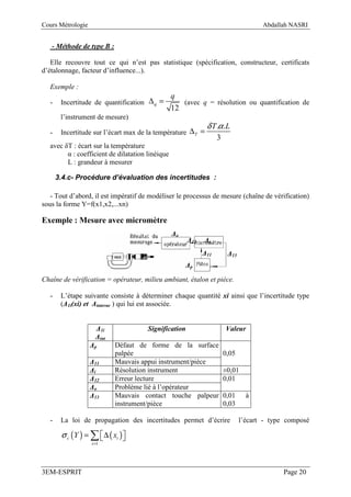 Cours Métrologie                                                                    Abdallah NASRI


   - Méthode de type B :

   Elle recouvre tout ce qui n’est pas statistique (spécification, constructeur, certificats
d’étalonnage, facteur d’influence...).

  Exemple :
                                                 q
  -    Incertitude de quantification ∆ q =          (avec q = résolution ou quantification de
                                                 12
       l’instrument de mesure)
                                                             δ T .α .L
  -    Incertitude sur l’écart max de la température ∆T =
                                                                  3
  avec δT : écart sur la température
        α : coefficient de dilatation linéique
        L : grandeur à mesurer

      3.4.c- Procédure d’évaluation des incertitudes :

   - Tout d’abord, il est impératif de modéliser le processus de mesure (chaîne de vérification)
sous la forme Y=f(x1,x2,...xn)

Exemple : Mesure avec micromètre
                                                 ∆o
                                                      ∆12   ∆i
                                                            ∆11        ∆13
                                                      ∆p

Chaîne de vérification = opérateur, milieu ambiant, étalon et pièce.

  -    L’étape suivante consiste à déterminer chaque quantité xi ainsi que l’incertitude type
       (∆1i(xi) et ∆interne ) qui lui est associée.


                     ∆1i              Signification                   Valeur
                     ∆int
                   ∆p       Défaut de forme de la surface
                            palpée                                    0,05
                   ∆11      Mauvais appui instrument/pièce
                   ∆i       Résolution instrument                     ±0,01
                   ∆12      Erreur lecture                            0,01
                   ∆o       Problème lié à l’opérateur
                   ∆13      Mauvais contact touche palpeur            0,01     à
                            instrument/pièce                          0,03

  -    La loi de propagation des incertitudes permet d’écrire                l’écart - type composé

       σ c (Y ) = ∑  ∆ ( xi ) 
                              
                   i =1




3EM-ESPRIT                                                                                 Page 20
 