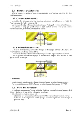 Cours Métrologie                                                                Abdallah NASRI


   2.5.    Systèmes d’ajustements:
   Afin de réduire le nombre d’ajustements possibles, on n’applique que l’un des deux
systèmes suivants :

     2.5.a- Système à arbre normal :
   La position des tolérances pour tous les arbres est donnée par la lettre « h », c’est à dire
l’écart supérieur de l’arbre est nul (es=0).
   L’ajustement désiré est obtenu en faisant varier pour l’alésage la position de la tolérance.
   Ce système est employé quand l'arbre est déjà existant, comme pour les applications
suivantes : clavette, roulements, arbre en acier rectifié…




     2.5.b- Système à alésage normal :
   La position des tolérances pour tous les alésages est donnée par la lettre « H », c’est à dire
l’écart inférieur de l’alésage est nul (EI=0).
   L’ajustement désiré est obtenu en faisant varier pour l’arbre la position de la tolérance.
   C'est ce système qui doit être employé de préférence : il est plus facile d'usiner un arbre
que de réaliser un alésage.




   Remarque :

   Les ajustements homologues des deux systèmes présentent les même jeux ou serrages.
   Par exemple l’ajustement 30 H7 f7 donne les même jeux que l’ajustement 30 F7 h7.

   2.6.    Choix d’un ajustement:
    Le choix des ajustements n’est pas arbitraire. Il dépend essentiellement de la nature de la
liaison à réaliser et de la précision exigée pour le guidage.
    Généralement, on procède comme suit :
    - déterminer les jeux ou serrages limites compatibles avec un fonctionnement correct ;
    - éviter tout excès de précision inutile puisque les coûts augmentent avec le degré de
       précision exigé ;




3EM-ESPRIT                                                                             Page 6
 
