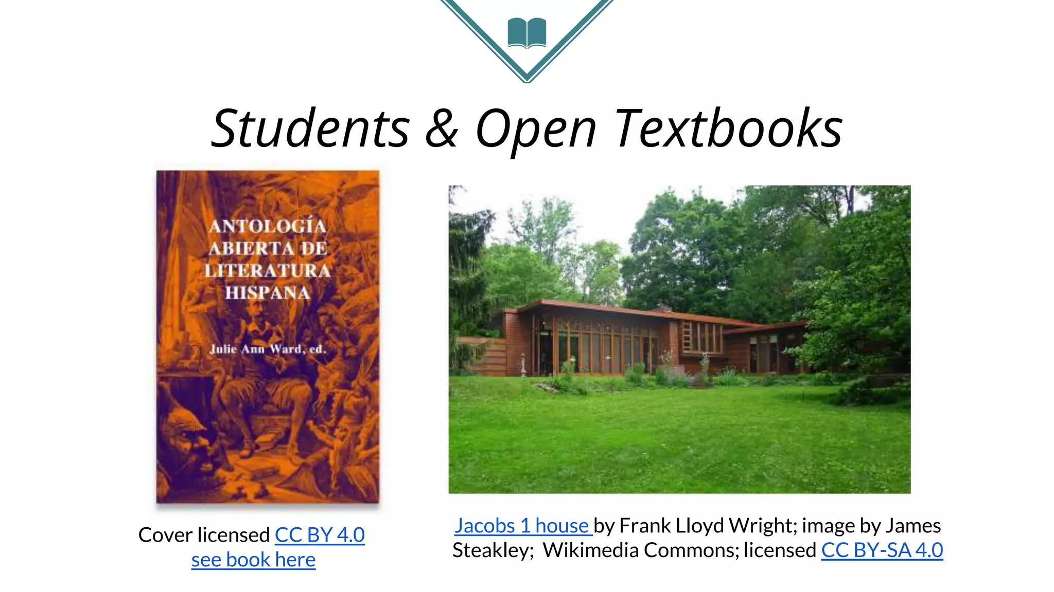 Students & Open Textbooks
Cover licensed CC BY 4.0
see book here
Jacobs 1 house by Frank Lloyd Wright; image by James
Steakley; Wikimedia Commons; licensed CC BY-SA 4.0
 