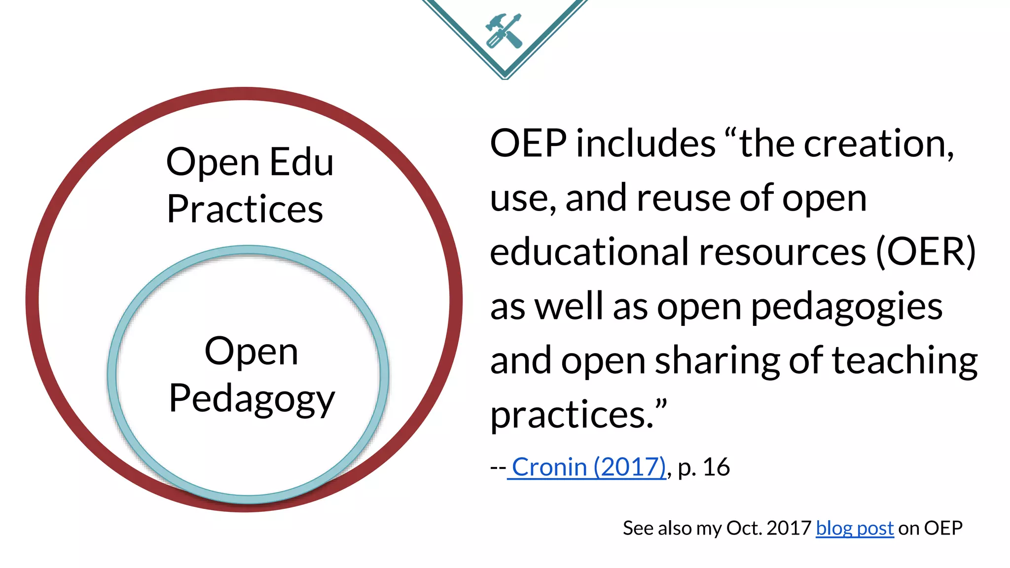 OEP includes “the creation,
use, and reuse of open
educational resources (OER)
as well as open pedagogies
and open sharing of teaching
practices.”
-- Cronin (2017), p. 16
See also my Oct. 2017 blog post on OEP
Open Edu
Practices
Open
Pedagogy
 
