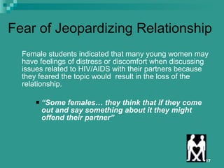 Fear of Jeopardizing Relationship Female students indicated that many young women may have feelings of distress or discomfort when discussing issues related to HIV/AIDS with their partners because they feared the topic would  result in the loss of the relationship.  “ Some females… they think that if they come out and say something about it they might offend their partner” 