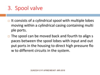 3. Spool valve
 It consists of a cylindrical spool with multiple lobes
moving within a cylindrical casing containing multi
ple ports.
 The spool can be moved back and fourth to align s
paces between the spool lobes with input and out
put ports in the housing to direct high pressure flo
w to different circuits in the system.
SUKESH O P/ APME/ME407- MR-2018
 