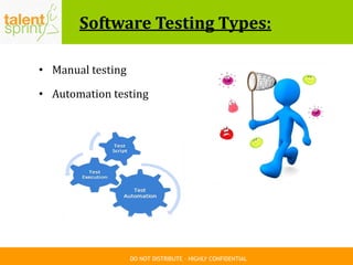 DO NOT DISTRIBUTE – HIGHLY CONFIDENTIAL
Software Testing Types:
• Manual testing
• Automation testing
 