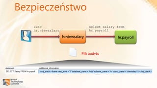 Bezpieczeństwo
   exec                            select salary from
   hr.viewsalary                   hr.payroll

                   hr.viewsalary                 hr.payroll



                              Plik audytu
 