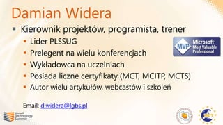 Damian Widera
 Kierownik projektów, programista, trener
     Lider PLSSUG
     Prelegent na wielu konferencjach
     Wykładowca na uczelniach
     Posiada liczne certyfikaty (MCT, MCITP, MCTS)
   Autor wielu artykułów, webcastów i szkoleń

  Email: d.widera@lgbs.pl
 