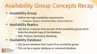 Availability Group Concepts Recap
 Availability Group
       Defines the high availability requirements
           Databases, Replicas, Availability Mode, Failover Mode etc
 Availability Replica
       SQL Server Instances that are part of the availability group which
        hosts the physical copy of the database
       Role: Primary, Secondary, Resolving
 Availability Database
       SQL Server database that is part of an availability group
       This can be a regular database or contained database
 