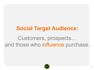 Social Target Audience:
     Customers, prospects…
and those who influence purchase.
 