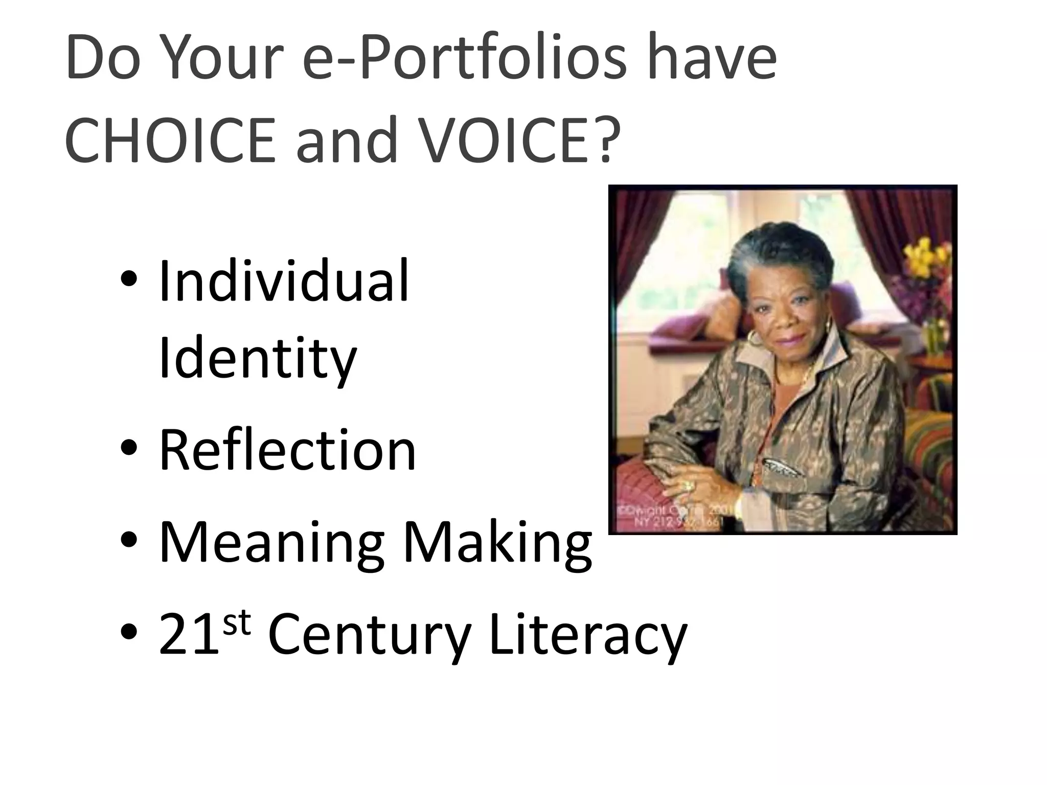 Electronic Portfolios almost two decades (since 1991)used primarily in education to store documents reflect on learningfeedback for improvement showcase achievements for accountability or employment