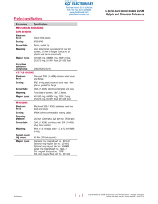 C-Series Models CS and CM Temposonics®
Linear-Position Sensors - Analog & SSI Outputs
Product Data Sheet, Part No.: 551020, Revision L 02/12, 3/12MTS Sensors 3
C-Series Core Sensor Models CS/CM
Outputs and Dimension References
Parameters Specifications
Mechanical packaging
Core Sensors
Electronic
head: Glass filled plastic
Sealing: IP50/IP40
Sensor tube: Nylon, sealed tip
Mounting: User determined, provisions for two M3
screws, 37 mm or longer (knock out of
plastic seal barriers required)
Magnet types: 401842 ring, 400424 ring, 252012 ring,
253572 ring, 201611 float, 201656 float
Hazardous
substance
compliance: 2002/95/EG RoHS
H Style Housing
Electronic
head:
Stamped 316L (1.4404) stainless steel cover
and flange
Sealing: IP67 o-ring seals inside on core head - two
places, gasket for flange
Sensor tube: 304L (1.4306) stainless steel pipe and plug
Mounting: Two bolts or screws, 180°, X holes.
Magnet types: 401842 ring, 400424 ring, 252012 ring,
253572 ring, 201611 float, 201656 float
M Housing
Electronic
head:
Machined 303 (1.4305) stainless steel Hex
body and cover
Sealing: IP69K (when connected to mating cable)
Operating
pressure: 250 bar (3600 psi), 325 bar max (4700 psi)
Sensor tube: 304L (1.4306) stainless steel, 316 (1.4404)
plug, laser welded
Mounting: M14 x 1.5 threads with 11.3 x 2.2 mm NBR
o-ring
Typical mount-
ing torque: 45 Nm (33 foot-pounds)
Magnet types: Standard ring magnet part no.: 401842
Optional ring magnet part no.: 254012
Optional ring magnet part no.: 400424
Large ring magnet part no.: 253572
Std. magnet float part no.: 201611
Std. slim magnet float part no.: 201656
Product specifications
ELECTROMATE
Toll Free Phone (877) SERVO98
Toll Free Fax (877) SERV099
www.electromate.com
sales@electromate.com
Sold & Serviced By:
 