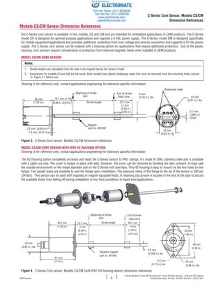 C-Series Models CS and CM Temposonics®
Linear-Position Sensors - Analog & SSI Outputs
Product Data Sheet, Part No.: 551020, Revision L 02/12, 3/12MTS Sensors 5
C-Series Core Sensor, Models CS/CM
Dimension References
Models CS/CM Sensor Dimension References
the C-Series core sensor is available in two models, CS and CM and are intended for embedded applications in OEM products. The C-Series
model CS is designed for general purpose applications and requires a 5 Vdc power supply. The C-Series model CM is designed specifically
for mobile equipment applications and provides additional protection from over voltage and reverse connection and supports a 12 Vdc power
supply. The C-Series core sensor can be ordered with a housing option for applications that require additional protection. Due to the plastic
housing, core sensors require consideration of protection from external magnetic fields when installed in OEM products.
Model CS/CM Core sensor
Notes:
1.  Stroke lengths are calculated from the side of the magnet facing the sensor's head.
2.  Dimensions for models CS and CM are the same. Both models have plastic breakaway seals that must be removed from the mounting holes (shown
   in 'Figure 3') before use.
Drawing is for reference only, contact applications engineering for tolerance specific information.
36 mm
(1.42 in.) 23.7 mm
±1 mm
(0.93 in.
±0.04 in.)
4 mm
(0.16 in.) dia.
1.8 mm (0.07 in.)
2.2 mm (0.09 in.)
16.7 mm ±1 mm
(0.66 in. ±0.04 in.)
23 mm
(0.91 in.) dia.
0.7 mm
(.028 in.)
Offset
Magnet,
part no. 401842
Stroke length
16 mm
(0.63 in.) CL
End of stroke
Dead zone
Breakaway seals
Beginning of stroke
Null
Figure 3.  C-Series Core sensor, Models CS/CM dimension references
Model CS/CM Core Sensor with IP67 H2 Housing OPTION
Drawing is for reference only, contact applications engineering for tolerance specific information.
The H2 housing option completely encloses and seals the C-Series sensor to IP67 ratings. It's made of 304L stainless steel and is available
with a cable out only. The cover is locked in place with tabs. However, the cover can be removed by bending the tabs outward. 0-rings seal
the outside environment on the inside diameter and on the C-Series null zone face. This H2 housing is easy to mount via the two holes on the
flange. Two gasket types are available to seal the flange upon installation. The pressure rating of the flange to the tip of the sensor is 300 psi
(24 Bar). This sensor can be used with magnets or magnet equipped floats. A retaining clip groove is located in the end of the pipe to secure
the available floats from falling off during installation or low fluid conditions in liquid level applications.
46.5 mm
(1.83 in.)
30.5 mm
±1 mm
(1.20 in.
±0.04 mm)
50 mm
(1.96 in.)
60 mm
(2.36 in.)
25 mm
(0.98 in.) dia.
4.5 mm
(0.17 in.) dia.
15.2 mm
±1 mm
(0.59 in.
±0.04 in.)
61 mm
(2.4 in.)
Standard magnet,
part no. 401842
25 mm
(0.98 in.) dia.
Beginning of stroke
Null
4.8 mm
(0.188 in.) dia.
End of stroke
Dead zone
Stroke length
Figure 4.  C-Series Core sensor, Models CS/CM (with IP67 H2 housing option) dimension references
ELECTROMATE
Toll Free Phone (877) SERVO98
Toll Free Fax (877) SERV099
www.electromate.com
sales@electromate.com
Sold & Serviced By:
 