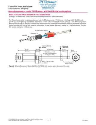 C-Series Models CS and CM Temposonics®
Linear-Position Sensors - Analog & SSI Outputs
Product Data Sheet, Part No.: 551020, Revision L 02/12, 03/12 MTS Sensors
Dimension references, model CS/CM sensors with R and M-style housing options
Model CS/CM Core Sensor with IP69K M-Style Housing OPTION
Drawing is for reference only, contact applications engineering for tolerance specific information.
The M-style housing option completely encloses and seals the C-Series sensor to a IP69K rating. A Hex flange and M14 x 1.5 threads
provide easy mounting through tapped holes. The sensor is available with a connector (M1 housing option) or a cable (M2 housing option).
Pressure rating is 5000 psi (350 Bar), suitable for high pressure hydraulic or pneumatic environments. Floats can be used with this sensor,
but the float center hole must be large enough to accommodate the pipe diameter. A groove is supplied for E-clip float retention. The rod is
304 stainless and the hex is 316 stainless.
End cap
Core sensor
M-Style Housing option
3 1
2
NOT USED
End of stroke
Dead zone
Beginning of stroke
Null zone
11 mm (0.43 in.)
M14 x 1.5 DIN ISO 6149-2
Stroke measurements
are made from the beginning
to the end of stroke
15.5 mm
(0.61 in.)
62 mm
(2.44 in.)
SW27mm
(1.06in.)
8 mm
(0.31 in.) dia.
26 mm
(1.02 in.)
Stroke length
Large ring magnet
part no.: 253572
Figure 5.  C-Series Core sensor, Models CS/CM (with IP69K M-Style housing option) dimension references
6
C-Series Core Sensor, Models CS/CM
Sensor Dimension References
ELECTROMATE
Toll Free Phone (877) SERVO98
Toll Free Fax (877) SERV099
www.electromate.com
sales@electromate.com
Sold & Serviced By:
 