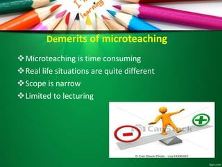 Demerits of microteaching
Microteaching is time consuming
Real life situations are quite different
Scope is narrow
Limited to lecturing
 