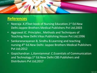 References
• Neeraja .K.P.Text book of Nursing Education.1st Ed.New
Delhi:Jaypee Brothers Medical Publishers Pvt Ltd;2003
• Aggrawal JC. Principles , Methods and Techniques of
Teaching.New Delhi:Vikas Publishing House Pvt Ltd;1996
• Sankaranarayanan B, Sindhu B.Learning and teaching
nursing.4th Ed.New Delhi: Jaypee Brothers Medical Publishers
Pvt Ltd;2012
• Gopichandran .L,Kanniammal .C.Essentials of Communication
and Technology.1st Ed.New Delhi:CBS Publishers and
Distributers Pvt Ltd;2017
 