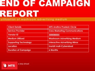 END OF CAMPAIGN
REPORT
Client Details MTS Andhra Pradesh Circle
Service Provider Creo Marketing Communications
Vendor ID 30008005
Medium Utilized Washroom Advertising Medium
Supporting Technology Interactive Advertising Mirror
Location Inorbit mall-Cyberabad
Duration of Campaign 6 Months
u t i l i z a t i o n o f w a s h r o o m a d v e r t i s i n g m e d i u m
a step ahead
 
