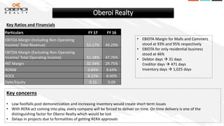 Oberoi Realty
Key Ratios and Financials
Particulars FY 17 FY 16
EBITDA Margin (Including Non Operating
Income/ Total Reven...