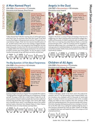 A Man Named Pearl                                                                      Angels in the Dust




                                                                                                                                                                                                 Mount Shasta internationalfilmfestival
DOCUMENTARIES

                USA 2006 • Documentary • 77 minutes                                                    USA 2007 • Documentary • 105 minutes
                Directed by Scott Galloway, Brent Pierson                                              Directed by Louise Hogarth

                                                                   Coming Attractions                                                                        Coming Attractions
                                                                   Theatre 2, Mount Shasta                                                                   Theatre 2, Mount Shasta
                                                                   Friday, October 10                                                                        Sunday, October 12
                                                                   1:27 pm - 2:45 pm                                                                         11:00 am - 12:45 pm
                                                                   Plays together with
                                                                   short film “Validation”                                                                   G All Ages
                                                                   Coming Attractions
                                                                   Theatre 2, Mount Shasta
                                                                   Sunday, October 12
                                                                   1:18 pm - 2:36 pm
                                                                   Plays together with
                                                                   short film “Validation”

                                                                   G All Ages
                “A Man Named Pearl” tells the inspiring story of self-tought topiary                   “Angels in the Dust” is a story of hope and healing in the face of a
                artist Pearl Fryar. He purchases trees that won’t grow in the local                    staggering crisis. AIDS is leaving entire South African villages deci-
                nursery. Pearl begins cutting every bush and tree in his yard into un-                 mated and thousands of children orphaned, with no adults to raise
                usual abstract shapes. These live trees become beautiful pieces of                     them. This is an inspiring story about Marion Cloete, a university-
                art. He didn’t know it then, but he was creating a magical wonder-                     trained therapist who— with her husband and her daughters—
                land that would, in time, not only garner local recognition, but also                  fearlessly walked away from a privileged life in a wealthy Johan-
                draws thousands of visitors from the USA and around the world. He                      nesburg suburb to build Botshabelo, an extraordinary village and
                is a highly skilled artist who brings joy and beauty to his community.                 school that provides shelter, food, and education to more than 550
                As Pearl’s minister says of the garden: “It’s the one place in South                   South African children.
                Carolina that people can go, both black and white, and feel love.”                         WINNER                WINNER                WINNER                WINNER
                                                                                                          AMNESTY INT’L         SOUTH AFRICA         SEATTLE INT’L           FULL FRAME
                    WINNER             WINNER                                                             FILM FESTIVAL
                                                                                                                              DOCUMENTARY FILM
                                                                                                                                                     FILM FESTIVAL
                                                                                                                                                                          DOCUMENTARY FILM
                                                          SEATTLE INT’L         PALM SPRINGS INT’L                                 FESTIVAL                                    FESTIVAL
                      SALEM            HEARTLAND                                                          AUDIENCE CHOICE                            BEST DOCUMENTARY
                   FILM FESTIVAL      FILM FESTIVAL       FILM FESTIVAL           FILM FESTIVAL                                BEST DOCUMENTARY                             AUDIENCE AWARD
                   AUDIENCE CHOICE   BEST DOCUMENTARY     OFFICIAL SELECTION      OFFICIAL SELECTION          2008                  2008                   2007                2007
                       2006               2006                 2008                    2008



                The Big Question: A Film About Forgiveness                                             Children of All Ages
                USA 2008 • Documentary • 63 minutes                                                    USA 2008 • Documentary • 79 minutes
                Directed by Vince DiPersio                                                             Directed by Scott Galloway, Brent Pierson

                                                                   Coming Attractions                                                                        College of the Siskiyous,
                                                                   Theatre 2, Mount Shasta                                                                   Weed - Ford Theater
                                                                   Friday, October 10                                                                        Sunday, October 12
                                                                   6:22 pm - 7:25 pm                                                                         12:15 pm - 1:34 pm
                                                                   Sunday, October 12                                                                        G All Ages
                                                                   6:40 pm - 7:43 pm
                                                                   Plays together with
                                                                   short film “Bling”

                                                                   A Adult Content



                Could you forgive? Should you forgive? This remarkable film explores                   “Children of All Ages” speaks to the heart, and to the ready-to-be-
                “The Big Question” through astonishing acts of forgiveness, courage                    amazed in all of us. This documentary covers Howard Tibbals’ mas-
                and will. The power of this film is that it doesn’t make this an ab-                   sive miniature circus backyard, with its thousands of hand-made
                stract question. Instead it explores people who have been really hurt                  figures. A variety of retired circus performers look at this incredible
                and how they found their way to forgive. Their stories offer depth,                    display and reflext on how it matches their own memories of life
                and a heartfelt lesson which is articulated by many of the world’s                     under the traveling big top tent. The memories quickly shift to beau-
                spiritual leaders; Desmond Tutu, Deepak Chopra, Sr. Helen Prejean,                     tiful shots of young, contemporary performers carrying on the tradi-
                Thich Nhat Hanh, Sri Sri Ravi Shankar and Hopi Elders.                                 tion at the PAL Sailor Circus, taking the traditional Big Top show in
                    WINNER                                                                             new directions pioneered by Cirque du Soleil. Children of All Ages
                   BRECKENRIDGE      DC INDEPENDENT
                                      FILM FESTIVAL
                                                          SEDONA INT’L
                                                          FILM FESTIVAL
                                                                                    MAUI FILM
                                                                                    FESTIVAL
                                                                                                       is a delightful look back and toward the future of a unique art and
                  FESTIVAL OF FILM
                     BEST OF FEST    OFFICIAL SELECTION   OFFICIAL SELECTION      OFFICIAL SELECTION   entertainment form.
                       2008               2008                 2009                    2009
                                                                                                          MAINE INT’L             SARASOTA
                                                                                                         FILM FESTIVAL          FILM FESTIVAL
                                                                                                         OFFICIAL SELECTION     OFFICIAL SELECTION

                                                                                                              2008                   2008


                                                                                                                  October 10th, 11th & 12th, 2008      •   www.shastafilmfest.com            7
 