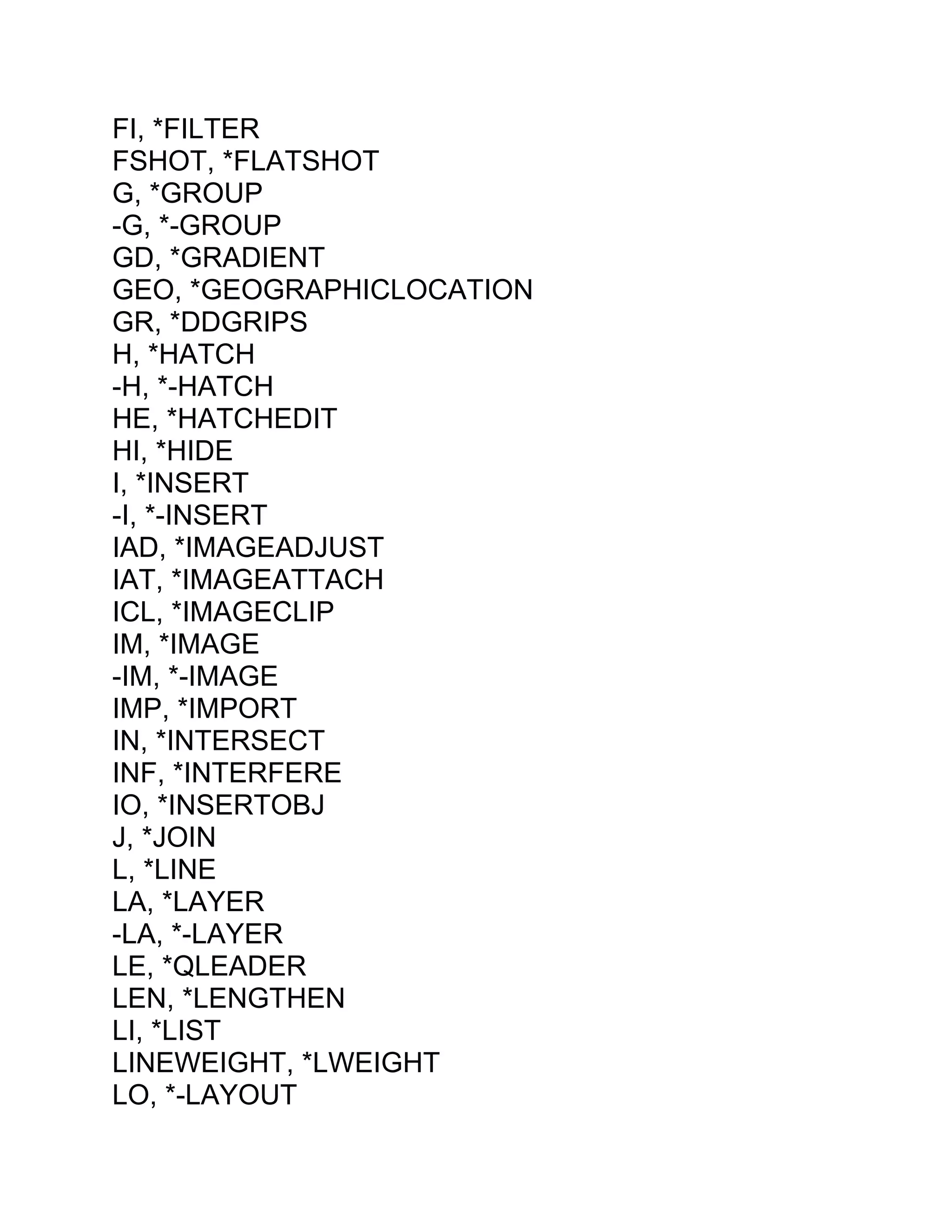 FI, *FILTER
FSHOT, *FLATSHOT
G, *GROUP
-G, *-GROUP
GD, *GRADIENT
GEO, *GEOGRAPHICLOCATION
GR, *DDGRIPS
H, *HATCH
-H, *-HATCH
HE, *HATCHEDIT
HI, *HIDE
I, *INSERT
-I, *-INSERT
IAD, *IMAGEADJUST
IAT, *IMAGEATTACH
ICL, *IMAGECLIP
IM, *IMAGE
-IM, *-IMAGE
IMP, *IMPORT
IN, *INTERSECT
INF, *INTERFERE
IO, *INSERTOBJ
J, *JOIN
L, *LINE
LA, *LAYER
-LA, *-LAYER
LE, *QLEADER
LEN, *LENGTHEN
LI, *LIST
LINEWEIGHT, *LWEIGHT
LO, *-LAYOUT
 