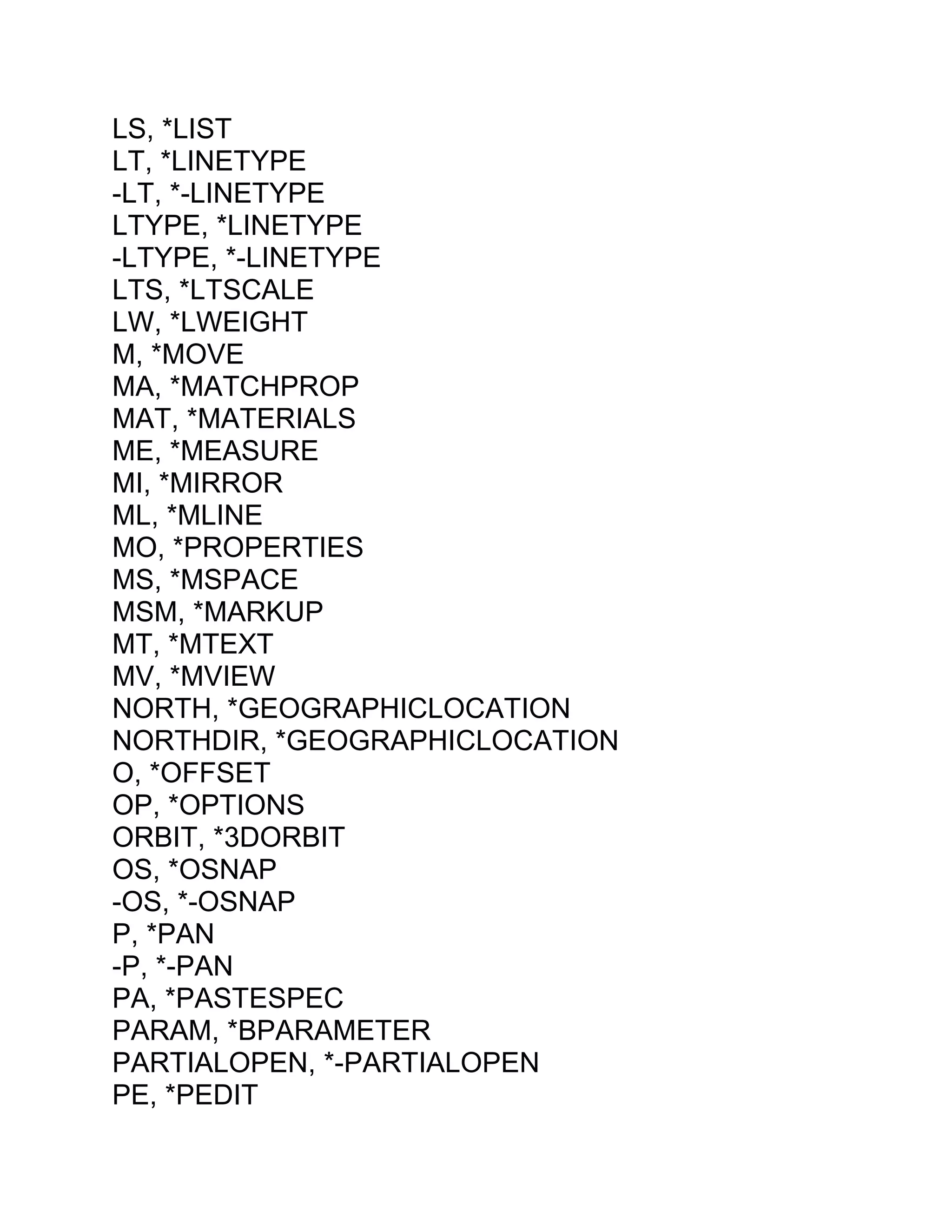 LS, *LIST
LT, *LINETYPE
-LT, *-LINETYPE
LTYPE, *LINETYPE
-LTYPE, *-LINETYPE
LTS, *LTSCALE
LW, *LWEIGHT
M, *MOVE
MA, *MATCHPROP
MAT, *MATERIALS
ME, *MEASURE
MI, *MIRROR
ML, *MLINE
MO, *PROPERTIES
MS, *MSPACE
MSM, *MARKUP
MT, *MTEXT
MV, *MVIEW
NORTH, *GEOGRAPHICLOCATION
NORTHDIR, *GEOGRAPHICLOCATION
O, *OFFSET
OP, *OPTIONS
ORBIT, *3DORBIT
OS, *OSNAP
-OS, *-OSNAP
P, *PAN
-P, *-PAN
PA, *PASTESPEC
PARAM, *BPARAMETER
PARTIALOPEN, *-PARTIALOPEN
PE, *PEDIT
 