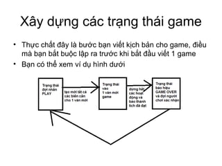 Xây dựng các trạng thái game
• Thực chất đây là bước bạn viết kịch bản cho game, điều
mà bạn bắt buộc lập ra trước khi bắt đầu viết 1 game
• Bạn có thể xem ví dụ hình dưới
 