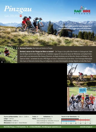 Rad  Bike Pinzgau, A-5760 Saalfelden, Tel. +43 (0)664/80668863, office@pinzgauer-saalachtal.co.at www.bike-pinzgau.at
Bernhard Flatscher, Bike-Guide und Hotelier im Pinzgau
Bernhard, warum ist der Pinzgau bei Bikern so beliebt? „Der Pinzgau ist das größte Bike-Paradies im SalzburgerLand. Dabei
lässt die Region wirklich keine Möglichkeit aus: In Saalfelden Leogang tritt man auf den Spuren der Weltmeister und Saalbach Hinter-
glemmzähltzudenbekanntestenBike-RevierenÖsterreichs,dieRegionHochkönigrundumMariaAlm,DientenundMühlbachist„Der
Gipfel der Gefühle“ und weltweit die erste e-MTB-Region mit einem e-Tankstellennetz auf den Almen. In der Ferienregion Nationalpark
Hohe Tauern ist Österreichs höchster Berg, der Großglockner, mit seinen Gletschergipfeln ständiger Begleiter auf allen Bike-Touren.“
Pinzgau
SALZBURG
„Transalperprobte Trails gibt es im Krimmler Achental, am Wildkogel und im Mittersiller Felbertal, die schöns-
ten Bike-Touren entlang der Almsommerhütten findest du im Rauriser Tal. Bei den Genuss-Touren zwischen
den Gras- und Steinbergen im Salzburger Saalachtal geht man an seine konditionellen Grenzen und in Zell am
See-Kaprun reicht die Bandbreite von der familienfreundlichen Variante um den Zeller See bis spektakulären
Freeride Trails am Kitzsteinhorn.“
Erlebnis Bike
Über 1.500 Kilometer Mountainbike-Strecken, heiße Singletrails, fordernde Bikeparks, Rund- und Transalp-Tou-
rensowiezahlreicheinternationaleBike-EventssinddieAushängeschildervonRadBikePinzgau.Familienund
Genießer wählen aus den zahlreichen Radwegen und Entspannungs-Touren mit wenigen Höhenmetern entlang
von Flüssen, rund um den Zeller See und durch die gemütlichen Orte, entlang des bekannten Tauernradweges
von den Krimmler Wasserfällen bis nach Salzburg. Auch das Saalachtal mit seinen Klammen und Schluchten
eignet sich perfekt für Panoramatouren inmitten der Steinberge. Leistungsstärkeren Bikern steht eine Vielzahl
an Adrenalinstrecken zur Auswahl, während die Downhill- und Freeride-Fraktion in den Bikeparks in Leogang,
Saalbach Hinterglemm und Kaprun sowie in der Wildkogel Arena ein Highlight nach dem anderen erwartet.
Neues in der Region:
• Neuer 3,5 km langer Greenhorn Trail im Bikepark Leogang
• Neue Bike-Touren für Genießer rund um den Wildkogel und im Nationalpark Hohe Tauern
• Drei brandneue, attraktive und für jeden geeignete e-MTB-Strecken inmitten des Salzburger Saalachtales
• Verlängerung des Hacklberg Trails sowie weitere neue Streckenprojekte in Saalbach Hinterglemm
• Neue Single Trail FLOW ONE direkt in Maria Alm
Touren ab Meereshöhe: 560 m - 2.450 m
Länge: 1.245 km
Höhenmeter: 14.000 hm
Bikesaison: Ende April – Ende Oktober
Trails: 26 Seilbahnen: 18
Parks: www.wildkogel-arena.at,
www.maiskogel.at, www.bike-circus.at,
bike.saalfelden-leogang.com
Touren in der Datenbank: 150
10 20 30 40 50 60
©HotelKirchner–HuberFotography
© SalzburgerLand – David Schulheiss for WOM Medien
© Ulli Hammerl
„ Gänsehaut-Feeling garantiert auch für junge Biker!
Bike for Kids wird im Pinzgau ganz groß geschrieben.“
(Bernhard Flatscher)
44
 