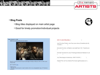 Official Client Pages Blog Posts Blog titles displayed on main artist page Good for timely promotion/individual projects 