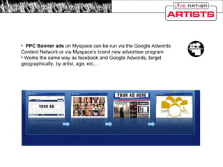 Pay-Per-Click on Myspace PPC Banner ads  on Myspace can be run via the Google Adwords Content Network or via Myspace’s brand new advertiser program Works the same way as facebook and Google Adwords, target geographically, by artist, age, etc… 