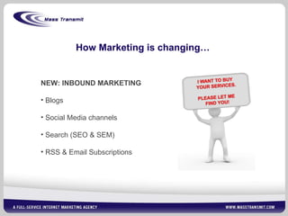 How Marketing is changing… NEW: INBOUND MARKETING Blogs Social Media channels Search (SEO & SEM) RSS & Email Subscriptions 