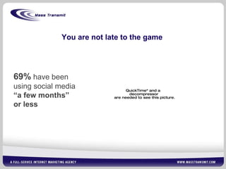 You are not late to the game 69%   have been using social media   “ a few months”  or less 