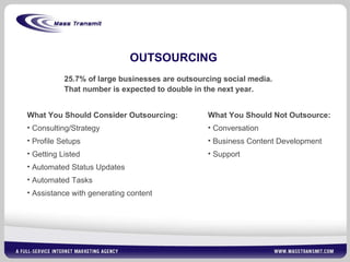 OUTSOURCING 25.7% of large businesses are outsourcing social media.  That number is expected to double in the next year. What You Should Consider Outsourcing: Consulting/Strategy Profile Setups Getting Listed Automated Status Updates Automated Tasks Assistance with generating content What You Should Not Outsource: Conversation Business Content Development Support 