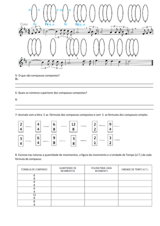 5- O que são compassos compostos?
R-
____________________________________________________________________________________
____________________________________________________________________________________
6- Quais os números superiores dos compassos compostos?
R-
______________________________________________________________________________________________
______________________________________________________________________________________________
7- Assinale com a letra C as fórmulas dos compassos compostos e com S as fórmulas dos compassos simples.
8- Escreva nas colunas a quantidade de movimentos, a figura do movimento e a Unidade de Tempo (U.T.) de cada
fórmula de compasso.
 