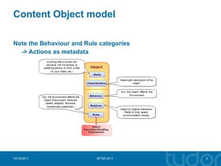 Content Object model Note the Behaviour and Rule categories -> Actions as metadata  14/10/2011 MTSR 2011 