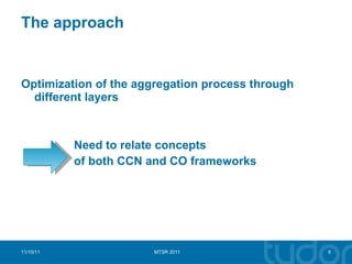 The approach Optimization of the aggregation process through different layers Need to relate concepts  of both CCN and CO frameworks 11/10/11 MTSR 2011 