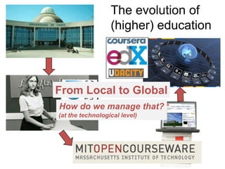 The evolution of
                  (higher) education




From Local to Global
How do we manage that?
(at the technological level)
 