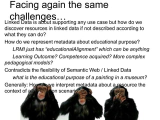 Facing again the same
  challenges… any use case but how do we
Linked Data is about supporting
discover resources in linked data if not described according to
what they can do?
How do we represent metadata about educational purpose?
    LRMI just has “educationalAlignment” which can be anything
    Learning Outcome? Competence acquired? More complex
pedagogical models?
Contradicts the flexibility of Semantic Web / Linked Data
    what is the educational purpose of a painting in a museum?
Generally: How do we interpret metadata about a resource the
context of an education scenario?
 