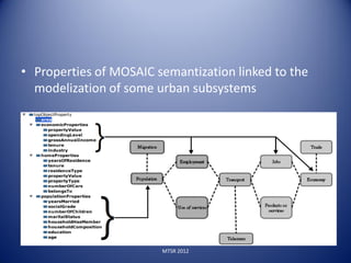 • Properties of MOSAIC semantization linked to the
  modelization of some urban subsystems




                        MTSR 2012
 