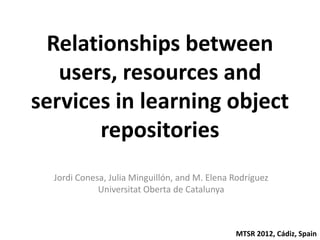 Relationships between
   users, resources and
services in learning object
       repositories
  Jordi Conesa, Julia Minguillón, and M. Elena Rodríguez
             Universitat Oberta de Catalunya



                                               MTSR 2012, Cádiz, Spain
 