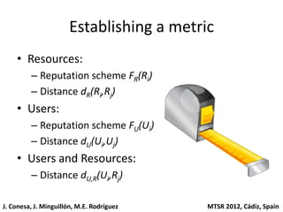 Establishing a metric
    • Resources:
         – Reputation scheme FR(Ri)
         – Distance dR(Ri,Rj)
    • Users:
         – Reputation scheme FU(Ui)
         – Distance dU(Ui,Uj)
    • Users and Resources:
         – Distance dU,R(Ui,Rj)

J. Conesa, J. Minguillón, M.E. Rodríguez   MTSR 2012, Cádiz, Spain
 