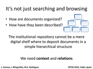 It’s not just searching and browsing
    • How are documents organized?
    • How have they been described?

       The institutional repository cannot be a mere
        digital shelf where to deposit documents in a
                  simple hierarchical structure

                    We need context and relations

J. Conesa, J. Minguillón, M.E. Rodríguez      MTSR 2012, Cádiz, Spain
 