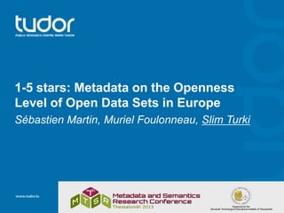 1-5 stars: Metadata on the Openness
Level of Open Data Sets in Europe
Sébastien Martin, Muriel Foulonneau, Slim Turki

 