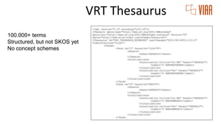 VRT Thesaurus
100.000+ terms
Structured, but not SKOS yet
No concept schemes
 