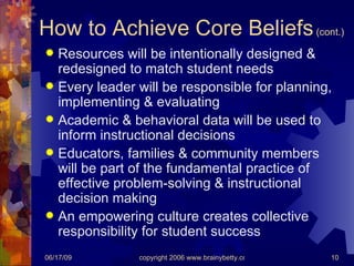 How to Achieve Core Beliefs  (cont.) Resources will be intentionally designed & redesigned to match student needs Every leader will be responsible for planning, implementing & evaluating Academic & behavioral data will be used to inform instructional decisions Educators, families & community members will be part of the fundamental practice of effective problem-solving & instructional decision making An empowering culture creates collective responsibility for student success 