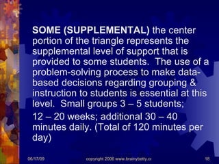 SOME (SUPPLEMENTAL)  the center portion of the triangle represents the supplemental level of support that is provided to some students.  The use of a problem-solving process to make data-based decisions regarding grouping & instruction to students is essential at this level.  Small groups 3 – 5 students;  12 – 20 weeks; additional 30 – 40 minutes daily. (Total of 120 minutes per day) 