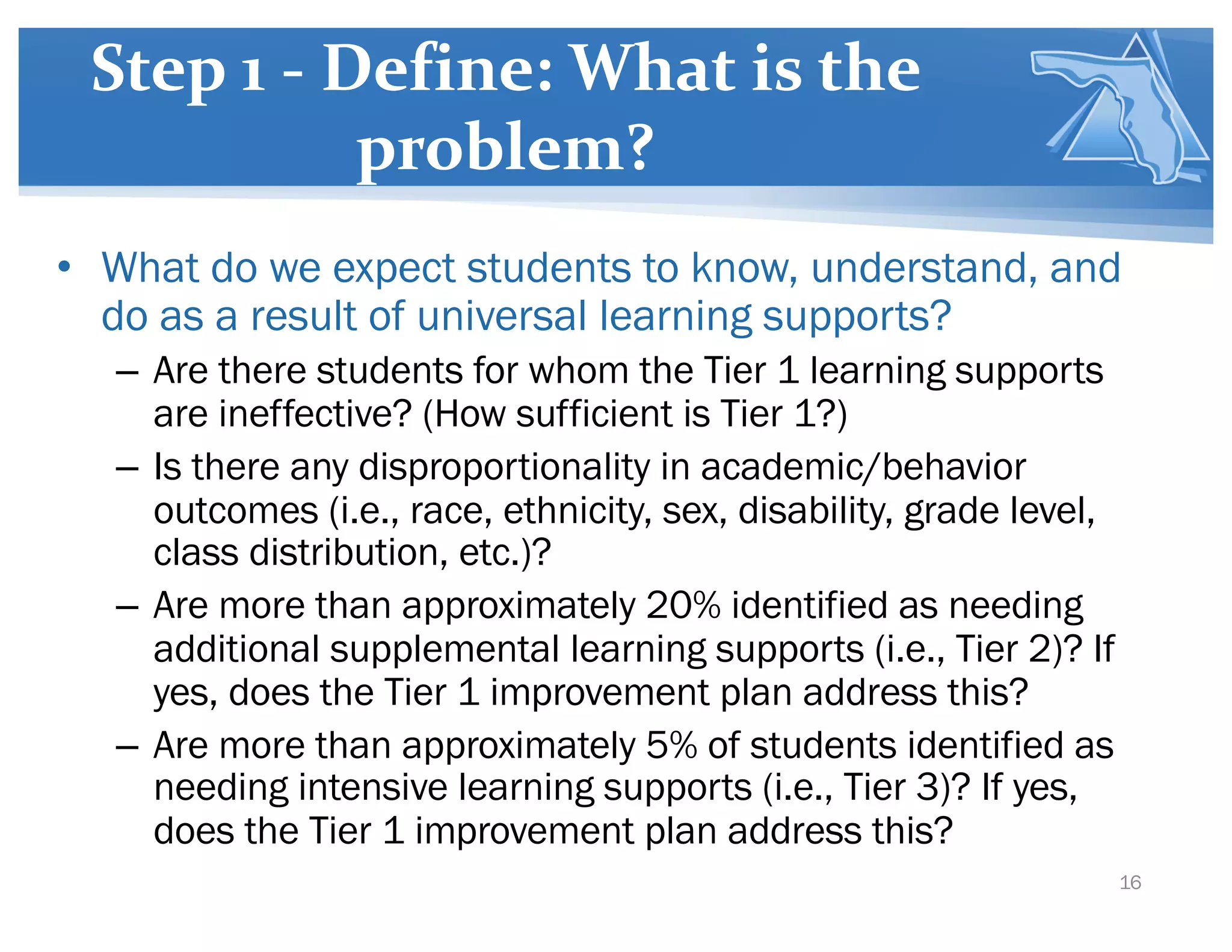 Step 1 - Define: What is the
problem?
• What do we expect students to know, understand, and
do as a result of universal learning supports?
– Are there students for whom the Tier 1 learning supports
are ineffective? (How sufficient is Tier 1?)
– Is there any disproportionality in academic/behavior
outcomes (i.e., race, ethnicity, sex, disability, grade level,
class distribution, etc.)?
– Are more than approximately 20% identified as needing
additional supplemental learning supports (i.e., Tier 2)? If
yes, does the Tier 1 improvement plan address this?
– Are more than approximately 5% of students identified as
needing intensive learning supports (i.e., Tier 3)? If yes,
does the Tier 1 improvement plan address this?
16
 