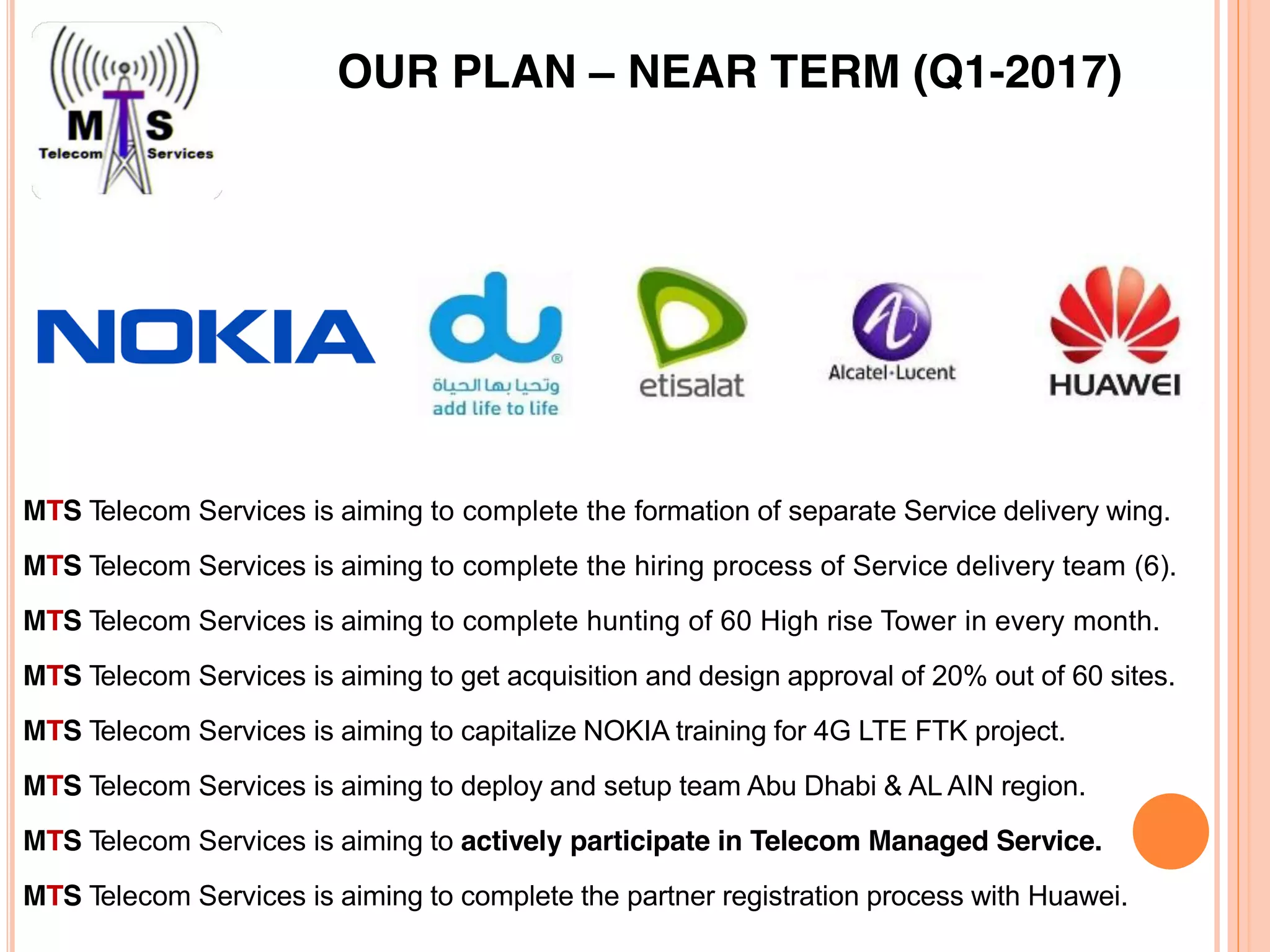 OUR PLAN – NEAR TERM (Q1-2017)
MTS Telecom Services is aiming to complete the formation of separate Service delivery wing.
MTS Telecom Services is aiming to complete the hiring process of Service delivery team (6).
MTS Telecom Services is aiming to complete hunting of 60 High rise Tower in every month.
MTS Telecom Services is aiming to get acquisition and design approval of 20% out of 60 sites.
MTS Telecom Services is aiming to capitalize NOKIA training for 4G LTE FTK project.
MTS Telecom Services is aiming to deploy and setup team Abu Dhabi & AL AIN region.
MTS Telecom Services is aiming to actively participate in Telecom Managed Service.
MTS Telecom Services is aiming to complete the partner registration process with Huawei.
 