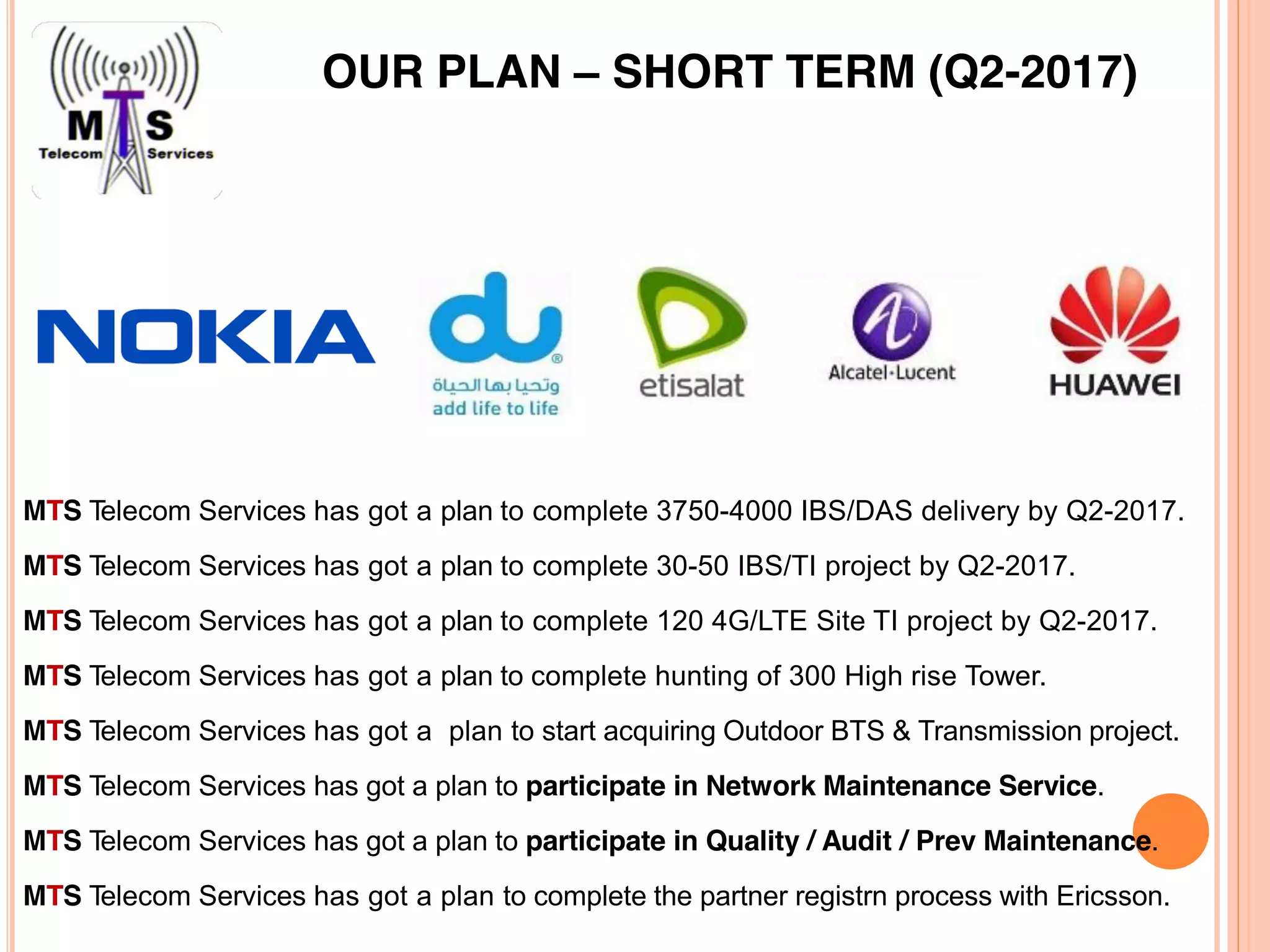 OUR PLAN – SHORT TERM (Q2-2017)
MTS Telecom Services has got a plan to complete 3750-4000 IBS/DAS delivery by Q2-2017.
MTS Telecom Services has got a plan to complete 30-50 IBS/TI project by Q2-2017.
MTS Telecom Services has got a plan to complete 120 4G/LTE Site TI project by Q2-2017.
MTS Telecom Services has got a plan to complete hunting of 300 High rise Tower.
MTS Telecom Services has got a plan to start acquiring Outdoor BTS & Transmission project.
MTS Telecom Services has got a plan to participate in Network Maintenance Service.
MTS Telecom Services has got a plan to participate in Quality / Audit / Prev Maintenance.
MTS Telecom Services has got a plan to complete the partner registrn process with Ericsson.
 