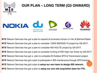 OUR PLAN – LONG TERM (Q3 ONWARD)
MTS Telecom Services has got a plan to expand its business horizon in Iran & Bahrain/Qatar.
MTS Telecom Services has got a plan to complete 12500 IBS/DAS+TI project by Q4-2017.
MTS Telecom Services has got a plan to complete 400 4G/LTE project by Q4-2017.
MTS Telecom Services has got a plan to complete hunting of 500 High rise Tower by Q4-2017.
MTS Telecom Services has got a plan to complete 25 Outdoor BTS & Transmission project.
MTS Telecom Services has got a plan to participate in IBS maintenance through GPS tracking.
MTS Telecom Services has got a plan to setup our own team to design IBS network.
MTS Telecom Services has got a plan to setup our own site acquisition team for FTK.
 