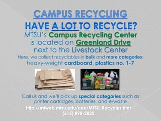 MTSU’s Campus Recycling Center
   is located on Greenland Drive
     next to the Livestock Center
Here, we collect recyclables in bulk and more categories:
    heavy-weight cardboard, plastics no. 1-7




 Call us and we’ll pick up special categories such as
       printer cartridges, batteries, and e-waste
 